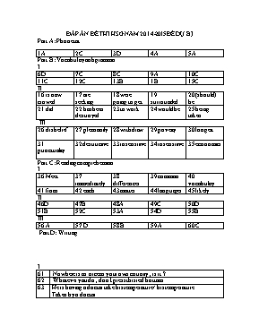 Đáp án đề thi dự bị chọn học sinh giỏi Tiếng anh lớp 9 - Năm học 2014-2015
